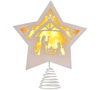 GHOSTMAGIC Christmas Tree Topper Star Nativity 7.87 x 9.25 inches Wooden Xmas Tree Top Star with 3 Modes LED Light Treetop Decoration for Christmas Bar Shop Office Home Decor (White)