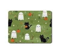 Ghosts and Cats Dish Drying Mats For Kitchen Counter, Cute Green Halloween Absorbent Rubber Dish Drainer Rack Mat, PU Leather Drying Pad For Kitchen Decor 18x24 Inch