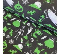 Ghosts and Ghouls Halloween Polycotton Fabric, for Sewing, Quilting, Crafts, Home Décor (Black)