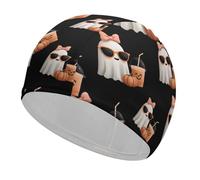 Ghosts Bow Drinking Pumpkins Halloween Swim Cap for Women Men Non-Slip Long Or Short Hair Swimming Hat