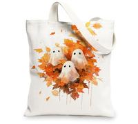 Ghosts Canvas Tote Bags, Autumn Leaves Pattern Reusable Shopping Bags, Cute Cartoon Lightweight Washable Shoulder Strap Canvas Bags for Gym Travel Beach 13x15 Inch