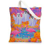 Ghosts Canvas Tote Bags, Colorful Halloween Reusable Grocery Bags, Fun Lightweight Washable Shoulder Strap Canvas Bags for Travel Beach 13x15 Inch