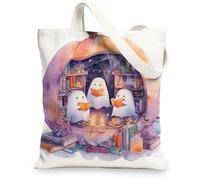 Ghosts Canvas Tote Bags, Cute Ghost Pattern Reusable Grocery Bags, Fanciful Lightweight Washable Shoulder Strap Canvas Bags, White, 13x15 Inch