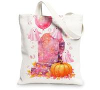 Ghosts Canvas Tote Bags, Cute Halloween Pattern Reusable Grocery Bags, Lightweight Washable Shoulder Strap Tote Bags for Sh, White, 13x15 Inch