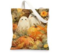 Ghosts Canvas Tote Bags, Cute Halloween Pumpkin Floral Pattern Reusable Grocery Bags, Vintage Autumn Lightweight Washable Shoulder Strap Bags 13x15 Inch