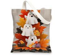 Ghosts Canvas Tote Bags, Cute Halloween Spirit Pattern Reusable Shopping Bags, Autumn Leaf Lightweight Washable Shoulder St, Orange, 13x15 Inch