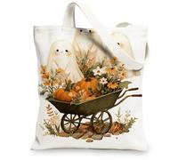 Ghosts Canvas Tote Bags, Fanciful Pumpkin Floral Pattern Reusable Grocery Bags, Cozy Autumn Lightweight Washable Shoulder S, White, 13x15 Inch