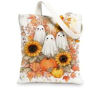 Ghosts Canvas Tote Bags, Fun Ghost Pattern Reusable Grocery Bags, Vintage Autumn Lightweight Washable Canvas Bags for Gym Outdoor Travel Beach Picnic 13x15 Inch