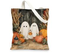 Ghosts Canvas Tote Bags, Halloween Pumpkin Design Reusable Shopping Bags, Rustic Lightweight Washable Canvas Bags for Travel Grocery Beach 13x15 Inch