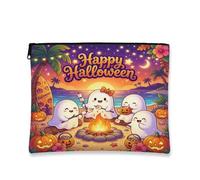 Ghosts Canvas with Zipper, Fanciful Playful Pumpkins Campfire Halloween Orange Canvas with Zipper Cosmetic Pouch for Travel, Bathroom, Vanity, Purse Storage and Gifts, Orange, 7x9 Inch, Whimsical