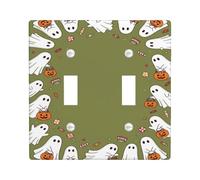 Ghosts Double Light Switch Cover Plate, Playful Festive Pumpkins Candy Halloween Green Standard Size Decorative Wall Plates for Living Room Bedroom Home Office Decor