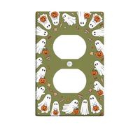 Ghosts Duplex Outlet Covers Wall Plate, Playful Festive Pumpkins Candy Halloween Green Standard Size Decorative Receptacle Outlet Covers for Home Living Room New Apartment Decor