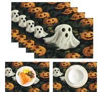 Ghosts Jack-O'-Lanterns Green Leaves Placemats Set of 6 45x30cm | Healing Halloween Table Mats Non-slip Heat Resistant Washable Placemat for Party Kitchen Dining Table Decoration Indoor Outdoor