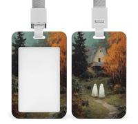 Ghosts on Forest Path Vintage House ID Badge Holder Retractable Clip Card Holder Card Protector Name Badge Name Tag for Work Office Doctor Nurse
