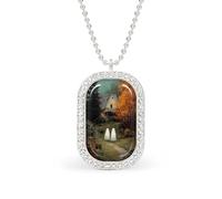 Ghosts on Forest Path Vintage House Rectangle Pendant Necklace Silver Women Jewelry Alloy Keychain Tag Jewelry