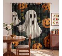 Ghosts Pumpkin Lanterns Green Leaves Blackout Curtains | Retro Oil Painting Style Blackout Curtains for Living Room, Dark Green Curtain 54 Inch 2 Panels Set Grommet Top Drapes for Party W46 x L54 Inch