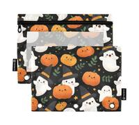 Ghosts Pumpkins Magic Hats Pencil Pouch for 3-Ring Binder Clear Pencil Case | 2 Pack Pencil File Bag, Waterproof, Zipper, Kids Boys Girls Adult Women Men, Large Capacity, School Office Supplies