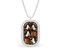 Ghosts Reading Books on Wooden Shelves Rectangle Pendant Necklace Silver Women Jewelry Alloy Keychain Tag Jewelry
