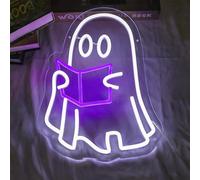 Ghosts Reading Neon Sign Light Dimmable and Reusable LED Spooky Boo Light up Halloween Indoor Decor for Fireplace Bedroom Kitchen Office Table 36x27CM/14.2x10.6In,USB Powered