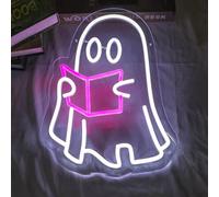 Ghosts Reading Neon Sign Light Dimmable and Reusable LED Spooky Boo Light up Halloween Indoor Decor for Fireplace Bedroom Kitchen Office Table 36x27CM/14.2x10.6In,USB Powered