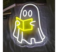 Ghosts Reading Neon Sign Light Dimmable and Reusable LED Spooky Boo Light up Halloween Indoor Decor for Fireplace Bedroom Kitchen Office Table 36x27CM/14.2x10.6In,USB Powered
