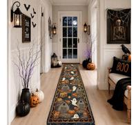 Ghosts Runner Rug, Festive Playful Pumpkins Bats Halloween Orange Non-Slip Rectangle Floor Carpets Edge Binding for Kitchen Bathroom Entryway Bedside Decor 2x8 Ft