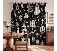 Ghosts Skeletons Haunted Houses Pumpkin Lanterns Blackout Curtains | Cartoon Halloween Blackout Curtains for Living Room Black Curtain 72 Inch 2 Panels Set Grommet Top Drapes for Party W46 x L72 Inch