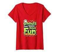 Ghouls Just Wanna Have Fun Halloween Party Spooky Spirits V-Neck T-Shirt, Women, Red, L