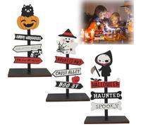 GHPKOTW Pack of 3 Halloween Wooden Decoration, Happy Halloween Ornaments, Pumpkin Ghosts and Angel of Death Figures, Wooden Table Decoration for Party, Kitchen, Living Room