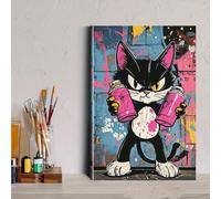 ghriwlax Cat Wall Decor, Graffiti Cat Canvas, Street Art Cat Print, Urban Cat Home Decor, Cool Black Cat Art(50x70cm/With frame)