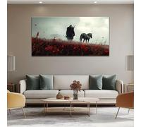 ghriwlax Fantasy Warrior Wall Decor, Field Canvas Print, Epic Adventure Art Painting, Red Flower Home Decor(50x100cm/No frame)