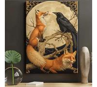 ghriwlax Fox and Raven Under the Moon Canvas Wall Art, Dark Cottagecore Painting, Mystical Wildlife Art Painting(60x80cm/With frame)