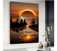 ghriwlax Landscape Wall Decor, Solar Eclipse Canvas Print, Mystical Lake Reflection Art, Golden Sunset Home Decor(20x30cm/With frame)