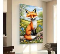 ghriwlax Meadow Fox Wall Decor, Wildflower Fox Canvas Print, Whimsical Wildlife Art, Colorful Countryside Home Decor(40x50cm/With frame)