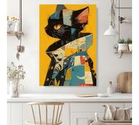 ghriwlax Modern Art Mural, Black Cat Canvas Art, Colorful Geometric Collage Painting, Suitable for Living Room and Bedroom(70x90cm/No frame)