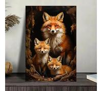 ghriwlax Red Fox Family Wall Decor, Mother Fox with Kits Canvas Print, Forest Wildlife Art, Rustic Woodland Home Decor(50x75cm/With frame)