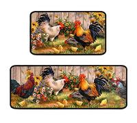 Ghroiep Rooster Kitchen Rugs 2 Piece Set Sunflower Decor Kitchen Floor Mat, Microfiber Washable Runner Rugs, Farmhouse Chicken Decorations Kitchen Mats,17"x47"+17"x30"