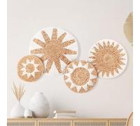 Ghshanog 4Pcs Boho Wall Basket Decor,Woven Wall Hanging Wicker Basket,4 Size Handmade Macrame Hanging Woven Baskets Round Rattan Walls Decor for Living Room Bedroom Dining Room Office