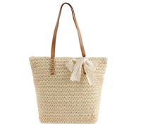 Ghshanog Straw Beach Bag, Large Woven Tote Bag with Zipper and PU Leather Handle,Boho Summer Shoulder Bags Handbags with Bowknot Decor for Travel Holiday Shopping Outdoor Activities(Beige)