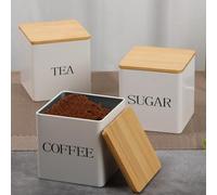 Ghshanog Tea Coffee Sugar Canisters Set, 500 ML 3 Piece of Metal Canister Storage Jar Container Set With Airtight Bamboo Lid,Multi-Purpose Space Saving Sealed Kitchen Food Storage Containers (White)