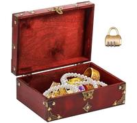 Ghshanog Wooden Treasure Chest,Vintage Kids Pirate Treasure Chest with Combination Lock,24x17x9.5CM Antique Style Storage Box Jewelry Organizer for Keepsakes,Trinket, Necklace,Earrings(Red)