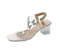 GHTRHSB Women's Butterfly Rhinestone Chunky Clear Block Heel Sandals, Elastic Slingback Square Toe Strappy Heeled Shoes, Open Toe Transparent Straps Party Wedding Sandals (White,2.5)