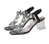 GHTRHSB Women's Butterfly Rhinestone Chunky Clear Block Heel Sandals, Elastic Slingback Square Toe Strappy Heeled Shoes, Open Toe Transparent Straps Party Wedding Sandals (Black,5)