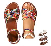 GHTRHSB Women's Criss Cross Strap Flat Sandals Leather Open Toe Slip On Sandals Dressy Ankle Strap Comfortable Flats Summer Beach Shoes for Indoor and Outdoor (multicolor,4)