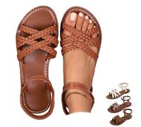 GHTRHSB Women's Criss Cross Strap Flat Sandals Leather Open Toe Slip On Sandals Dressy Ankle Strap Comfortable Flats Summer Beach Shoes for Indoor and Outdoor (brown,5)