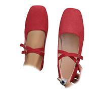 GHTRHSB Women's Double Buckle Mary Jane Flats Square Toe Fashion Ballet Flat (red,4)