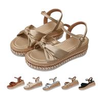 GHTRHSB Womens Espadrille Low Wedge Sandals Comfortable Open Toe Bow Knot Adjustable Ankle Strap Slingback Platform Non Slip Summer Roman Platform Sandal (gold,7.5)