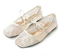 GHTRHSB Women's Lace Ballet Flats Embroidered Floral Mary Jane Elegant Bow Square Toe Flat Shoes Lightweight Breathable Comfortable Casual Work Shoes for Ladies (White,4)
