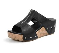 GHTRHSB Women's Leather Orthopedic Wedge Sandals Comfortable Wide Width Open Toe Cork Mules Zipper Platform Wedge Sandals Summer Casual Beach Shoes (Black,6)