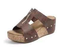 GHTRHSB Women's Leather Orthopedic Wedge Sandals Comfortable Wide Width Open Toe Cork Mules Zipper Platform Wedge Sandals Summer Casual Beach Shoes (Brown,7.5)